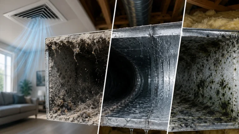 Dusty air duct interior showing buildup, highlighting need for air duct cleaning after summer