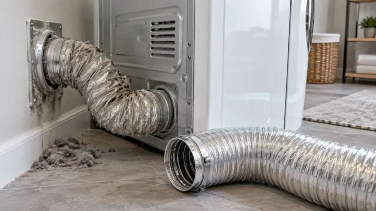 Technician performing dryer vent hose replacement behind a laundry room clothes dryer