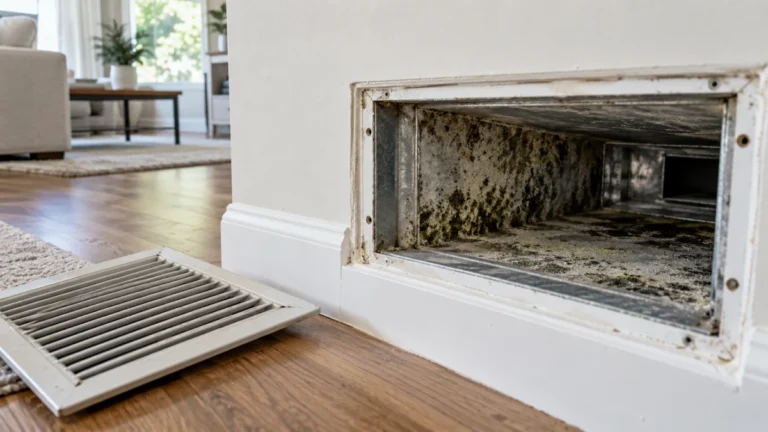 Close-up of dark mold in air ducts inside a residential home ventilation system